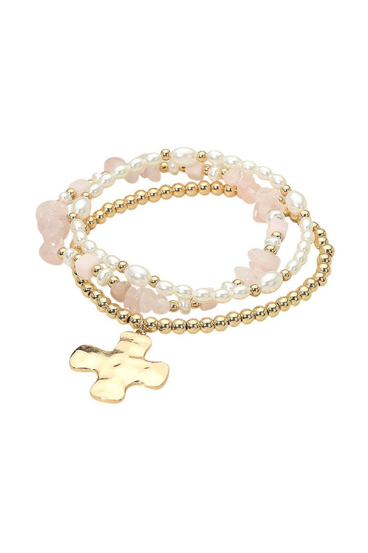 Hammered Cross Pearl & Stone Bracelet Set