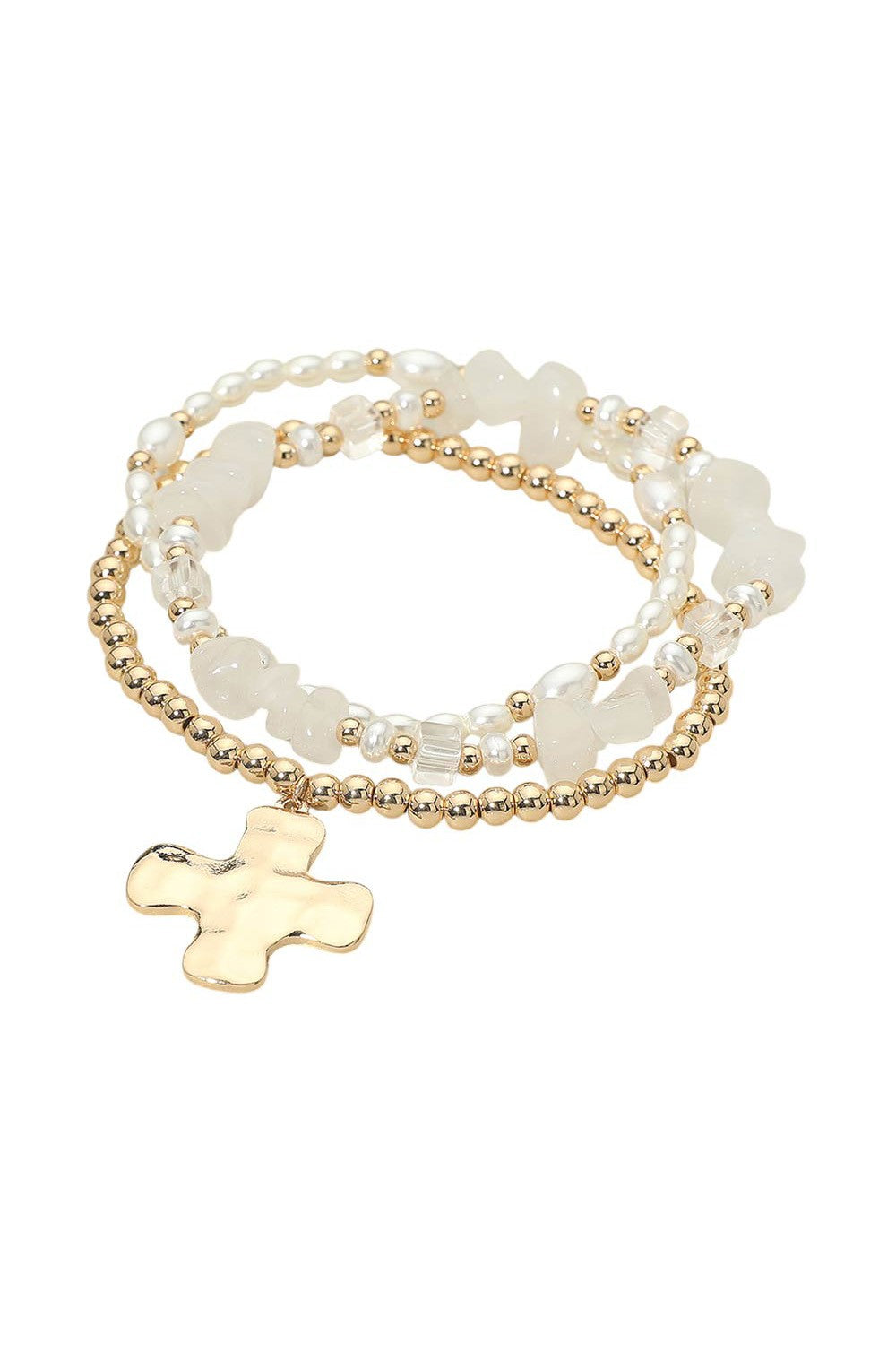 Hammered Cross Pearl & Stone Bracelet Set