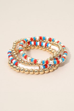Heishi & Gold Ball Bead BRacelet Set-RWB