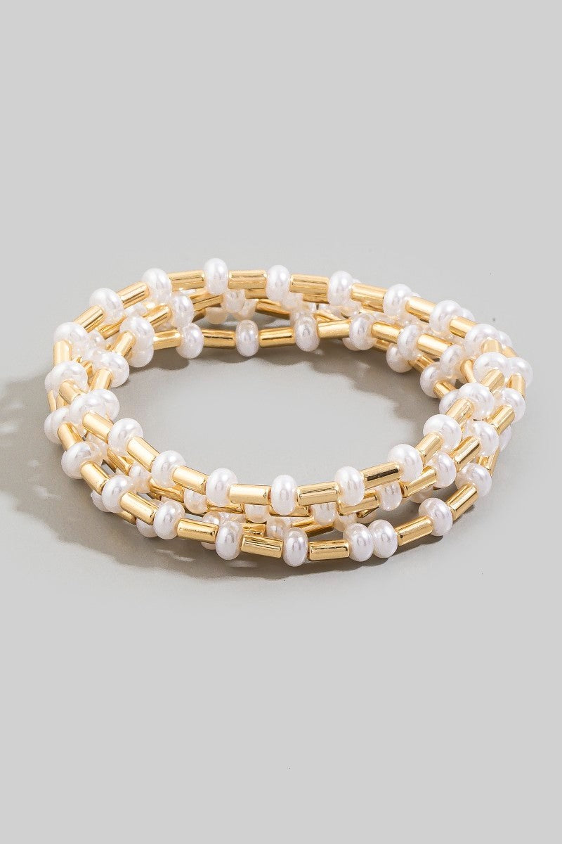 Pearl & Gold Tuber Bead Bracelet Set