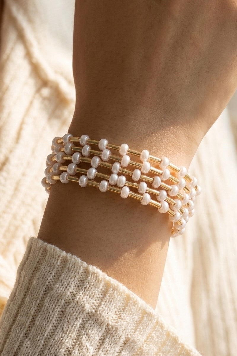 Pearl & Gold Tuber Bead Bracelet Set