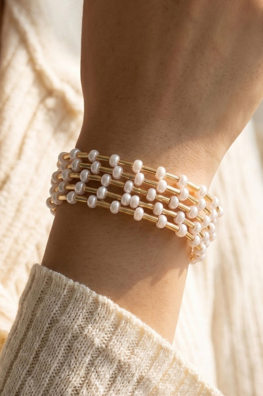 Pearl & Gold Tuber Bead Bracelet Set