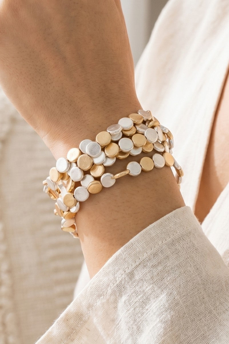 Two Tone Hammered Disk Bracelet Set