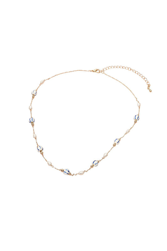 Ceramic Ball & Pearl Chain Necklace-Blue