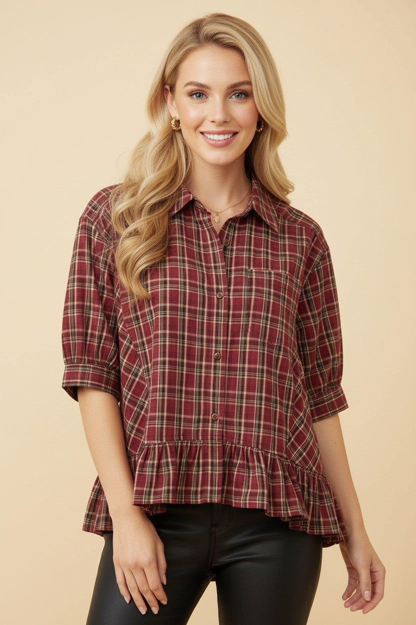 Plaid Button Down Peplum Collared Top-Burgundy