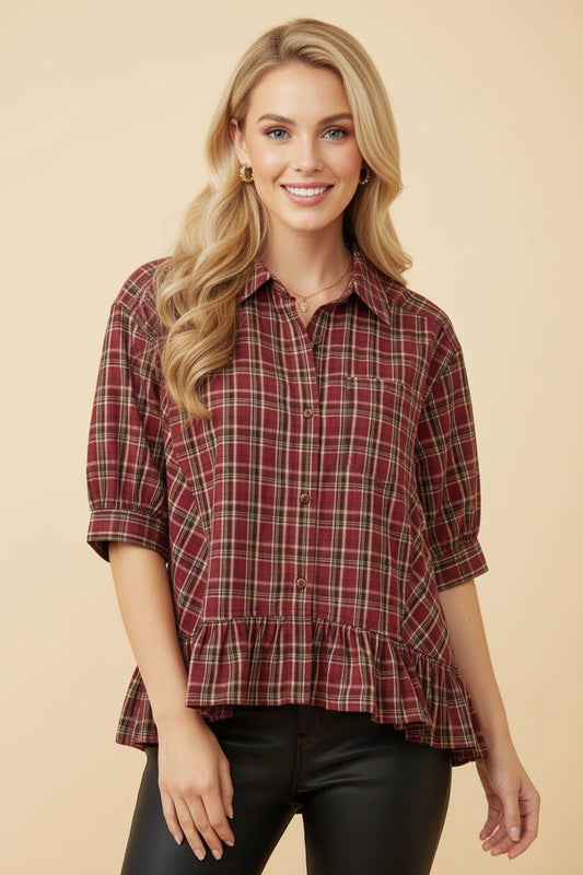 Plaid Button Down Peplum Collared Top-Burgundy