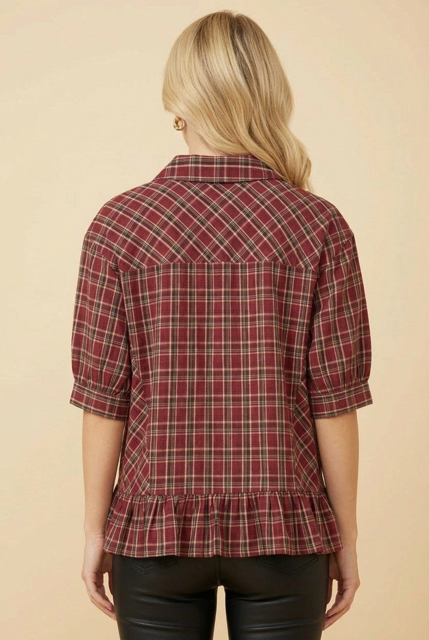 Plaid Button Down Peplum Collared Top-Burgundy