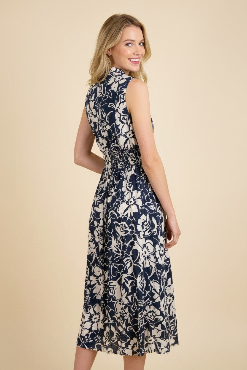 Sleeveless Floral Zip Midi Dress-Navy
