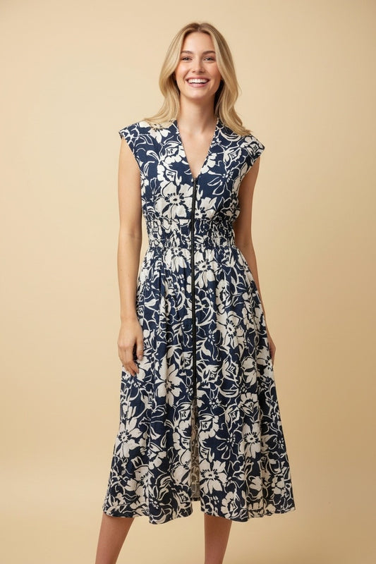 Sleeveless Floral Zip Midi Dress-Navy