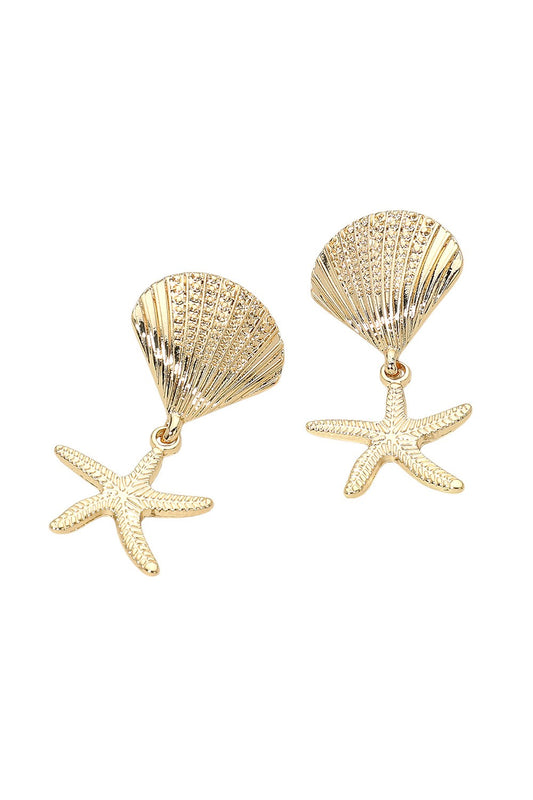 Seashell & Starfish Drop Earring-Gold