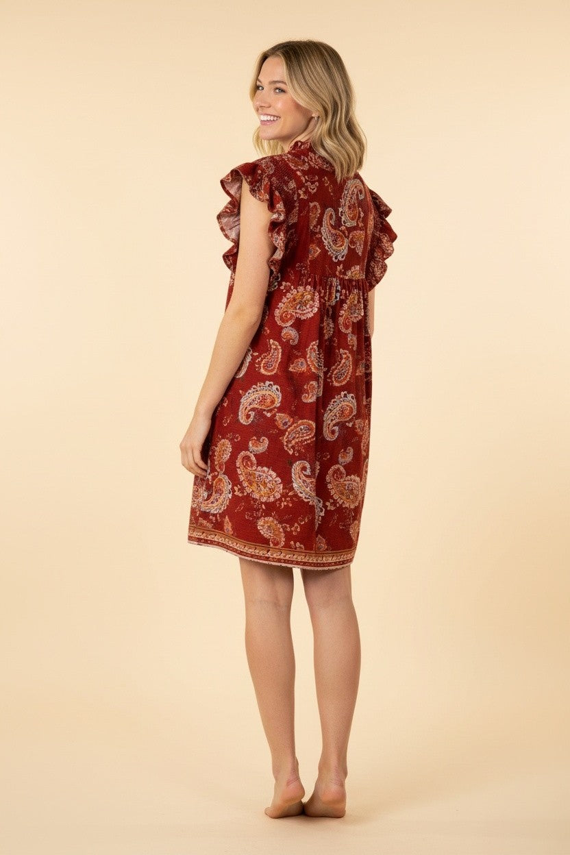 Paisley V-Neck Ruffle Cap Sleeve Shift Dress-Rust