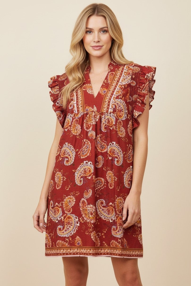 Paisley V-Neck Ruffle Cap Sleeve Shift Dress-Rust