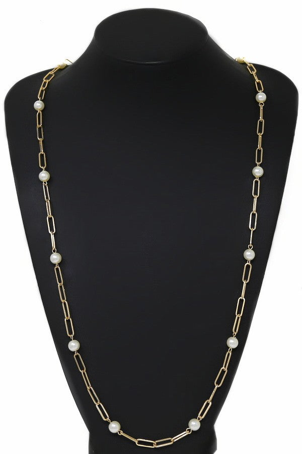 Spaced Pearl Paperclip Long Chain Necklace