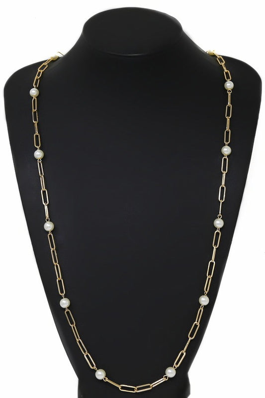 Spaced Pearl Paperclip Long Chain Necklace