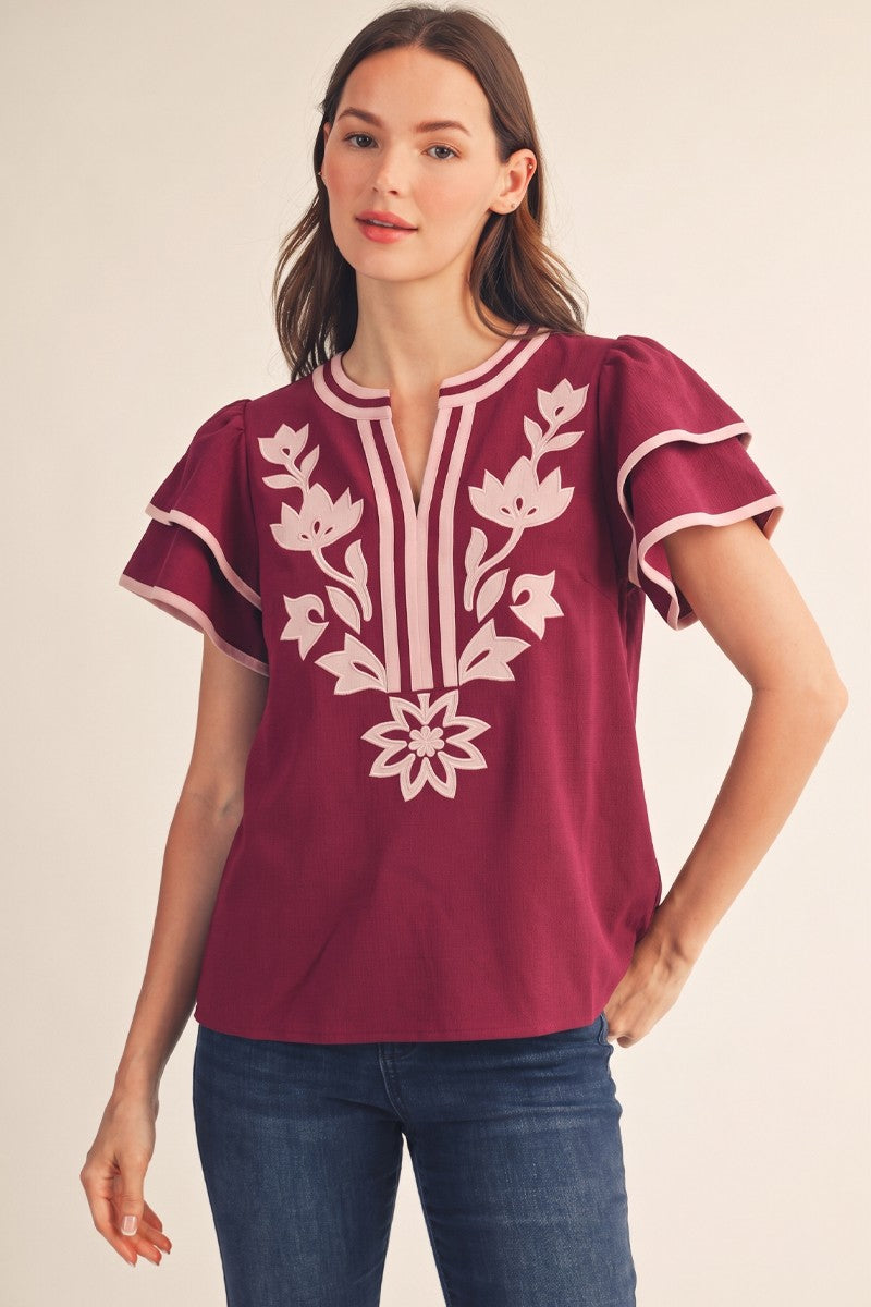 Contrast Applique Floral Flutter Sleeve Top
