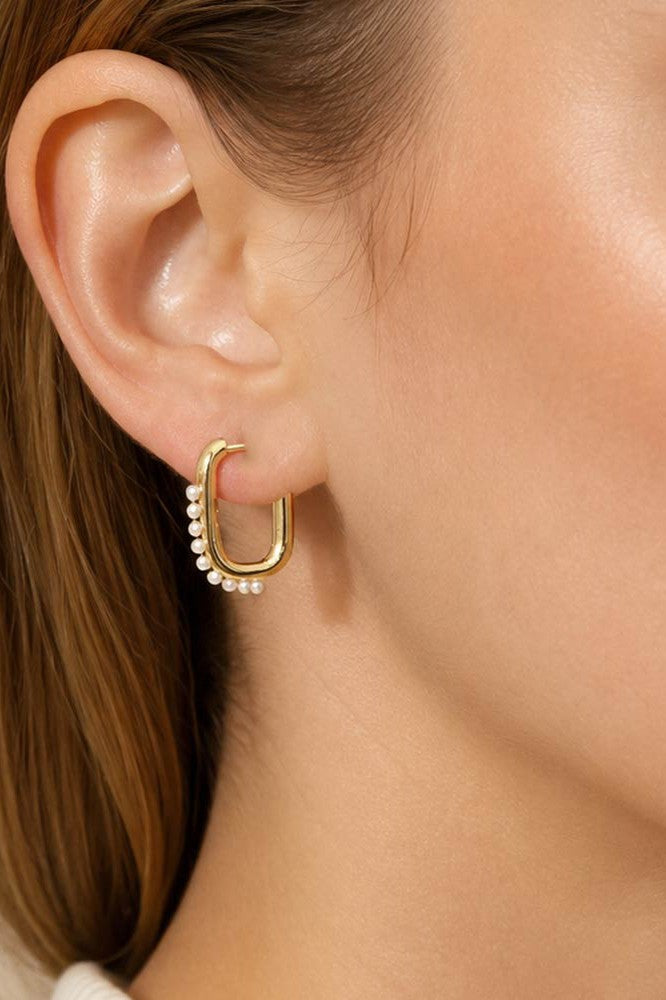 Pearl Studded Rectangle Hoop Earring
