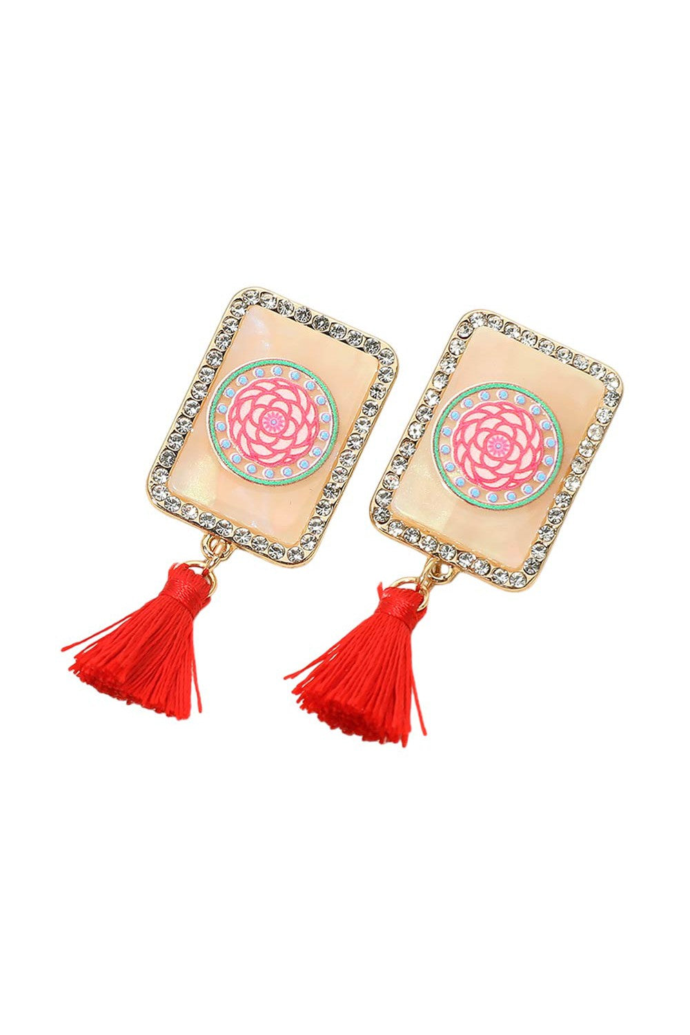 Rhinestone Tassel Mahjong Tile Drop Earring