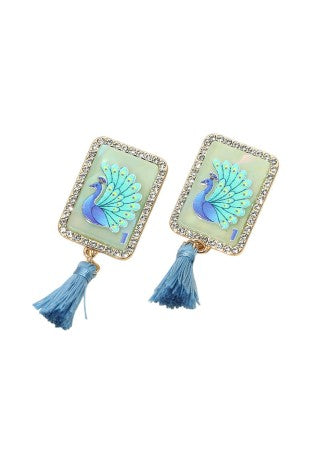 Rhinestone Tassel Mahjong Tile Drop Earring