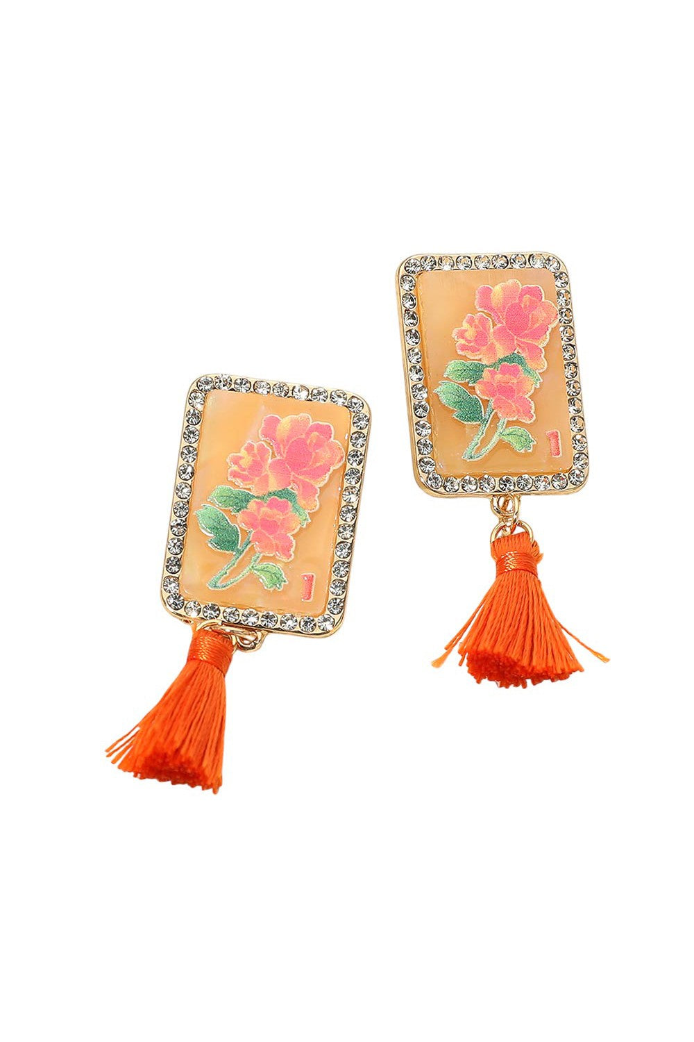 Rhinestone Tassel Mahjong Tile Drop Earring