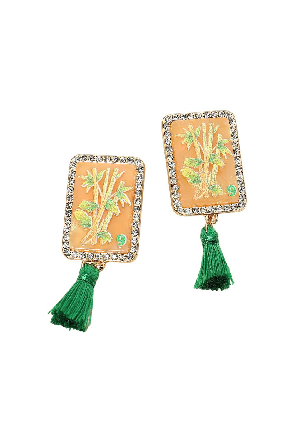 Rhinestone Tassel Mahjong Tile Drop Earring