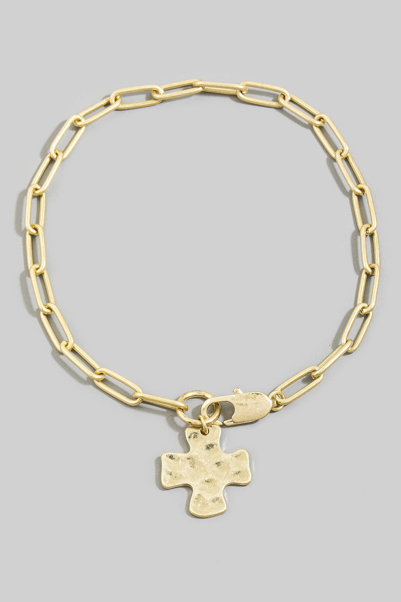 Paperclip Chain Hammered Cross Bracelet-Gold