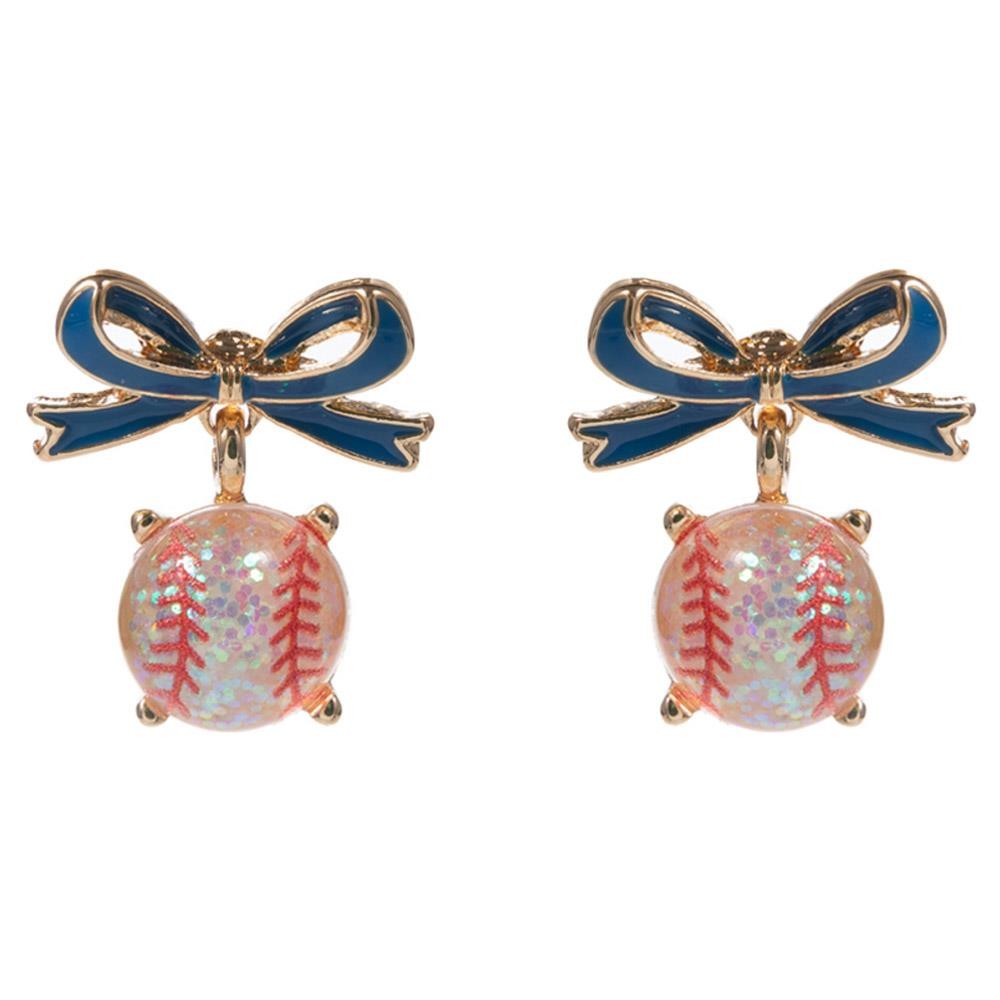 Glitter Baseball Bow Drop Earring-Blue