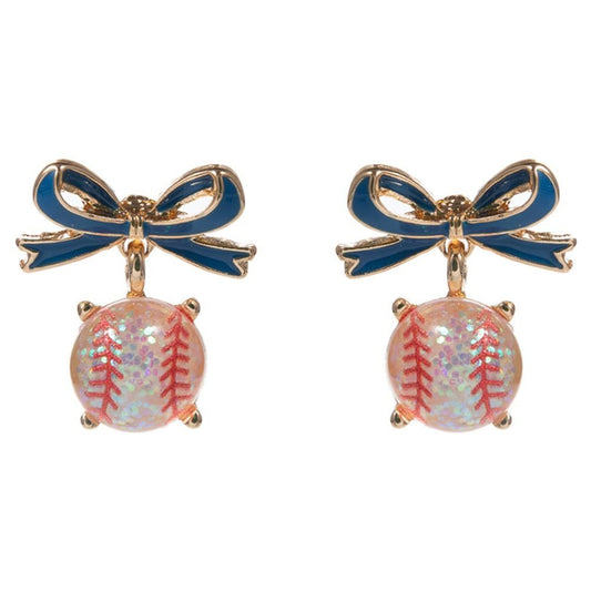 Glitter Baseball Bow Drop Earring-Blue