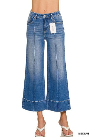 Pintuck Front Seam Wide Leg Crop Denim-Med Wash
