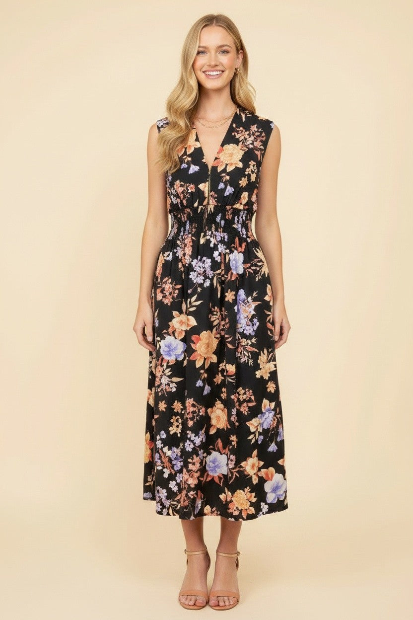 Sleeveless Floral V-Neck Zip Midi Dress-Black
