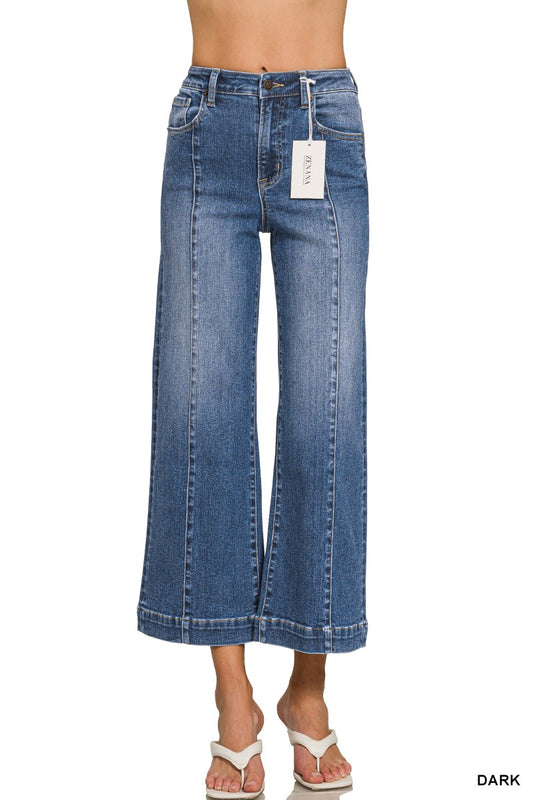 Stitched Center Seam Crop Wide Leg Denim-Dark