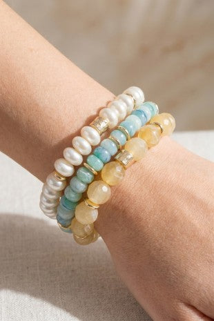 Stone & Pearl Bracelet Set-Blue/Yellow