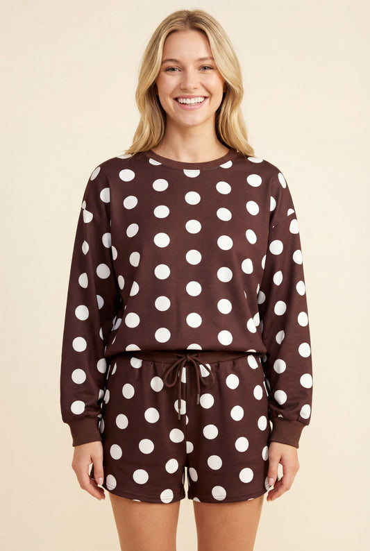 Polka Dot Sweatshirt & Short Lounge Set-Brown