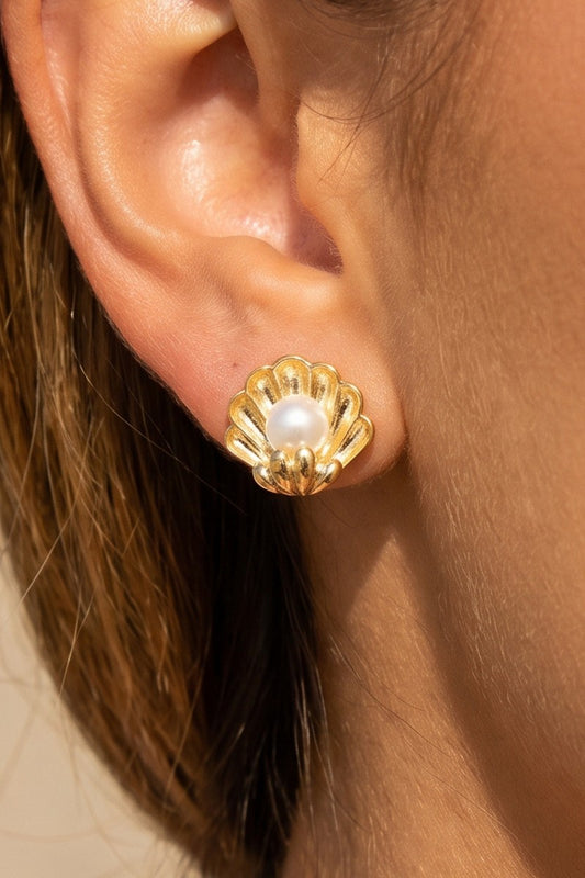 Single Pearl Seashell Stud Earring-Gold