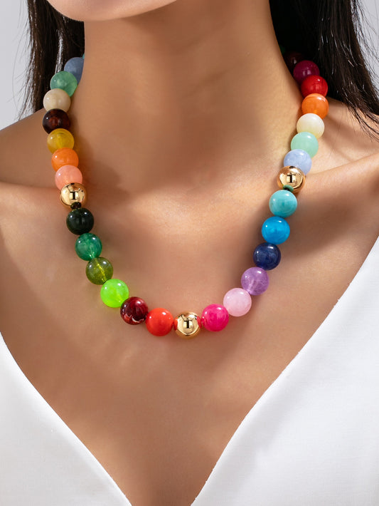 Rainbow Marble Resin & Gold Bead Necklace