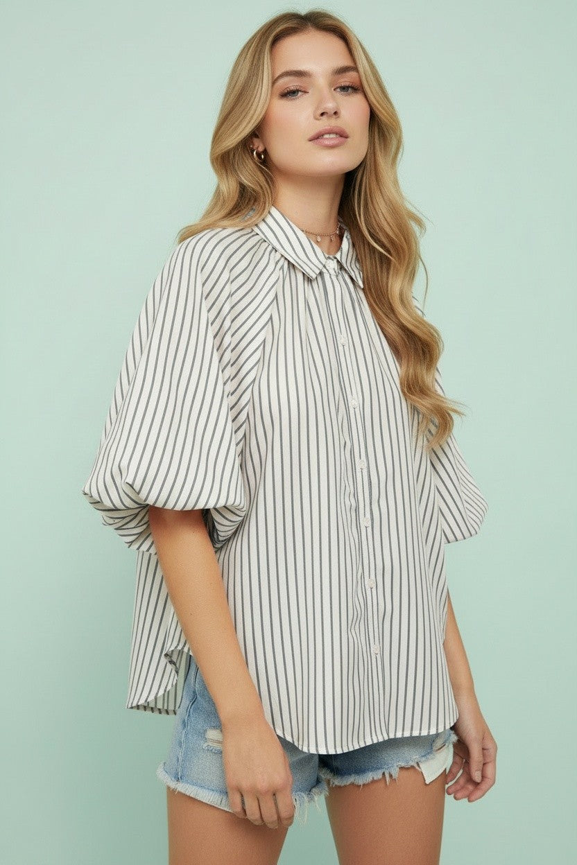 Striped Collared Puff Sleeve Button Down Top-Ivory