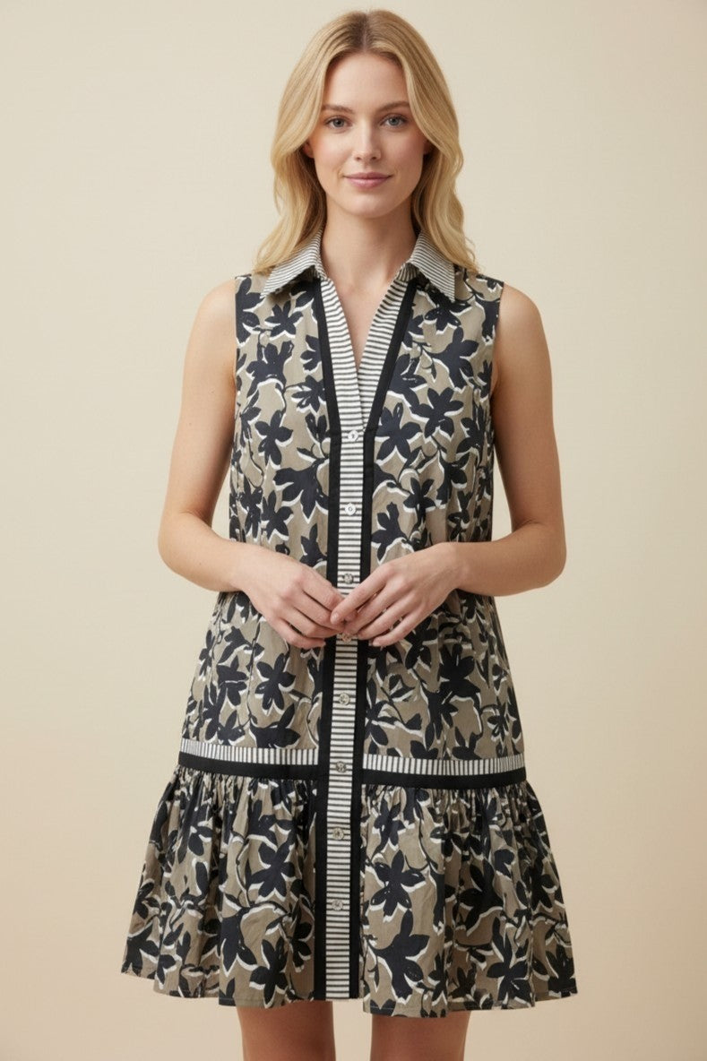 Leaf Sleeveless Collared Button Down Drop Waist Dress-Olive