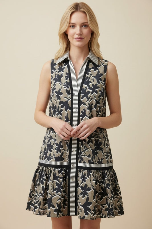 Leaf Sleeveless Collared Button Down Drop Waist Dress-Olive