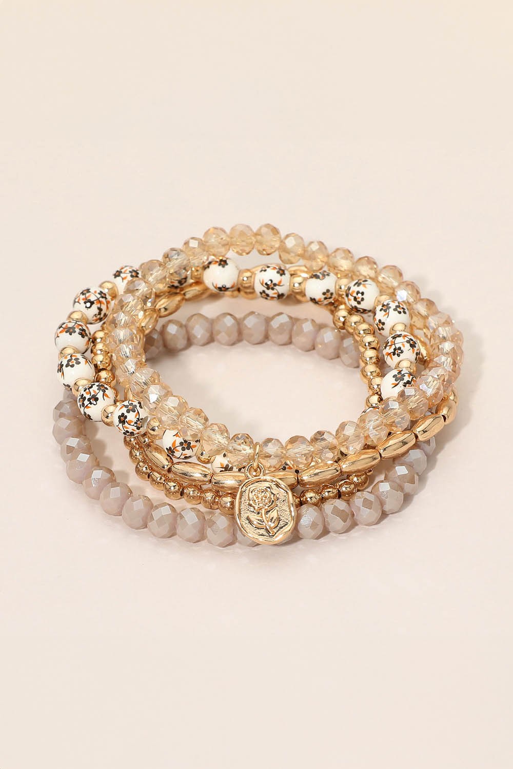 Stamped Flower Disc Floral Beaded Bracelet Set