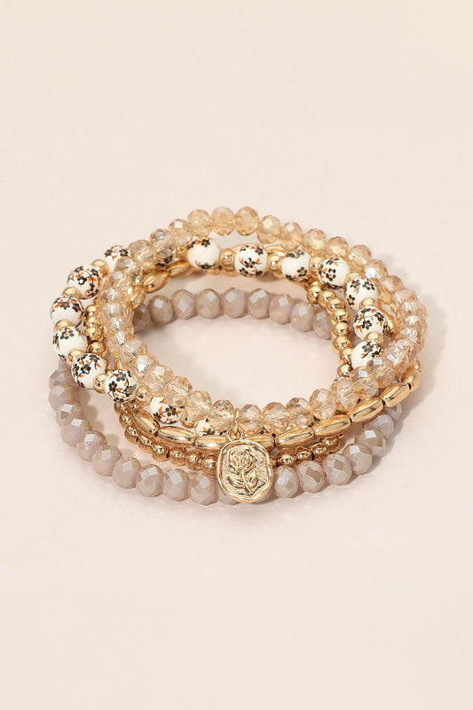 Stamped Flower Disc Floral Beaded Bracelet Set