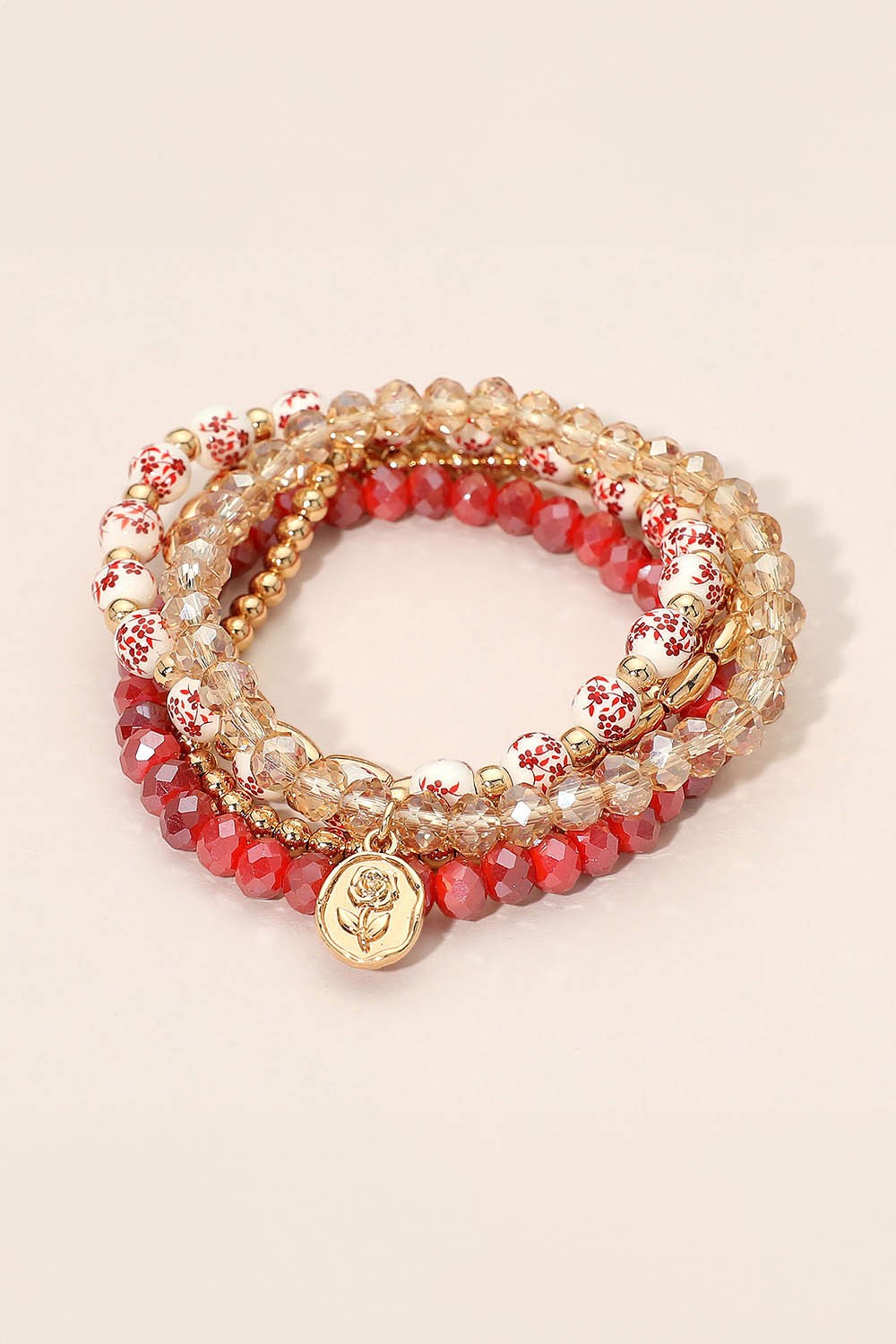 Stamped Flower Disc Floral Beaded Bracelet Set