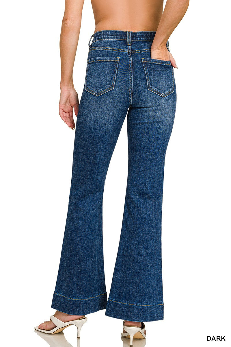 Tummy Control Elastic Waist Flare Denim Pants-Dark