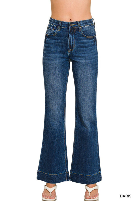 Tummy Control Elastic Waist Flare Denim Pants-Dark