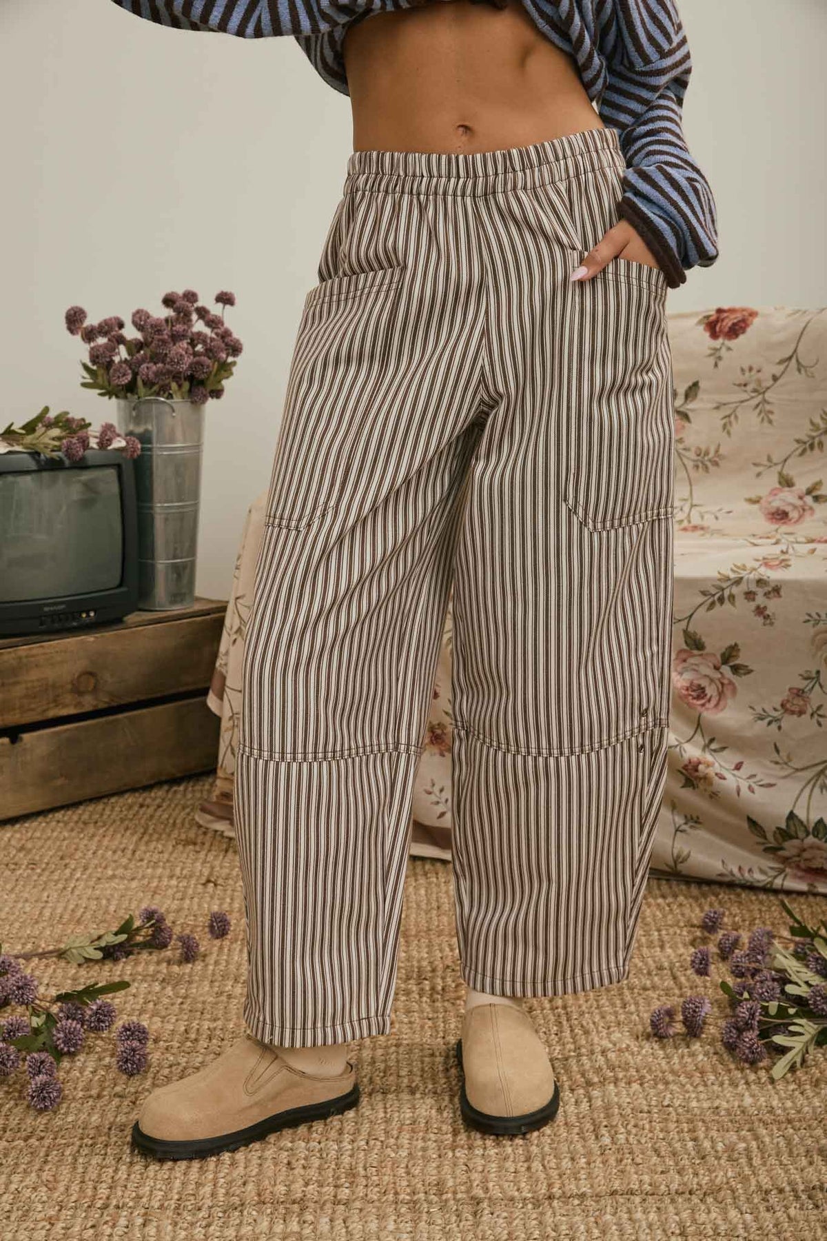 Striped Patch Pocket Wide Leg Barrel Pant