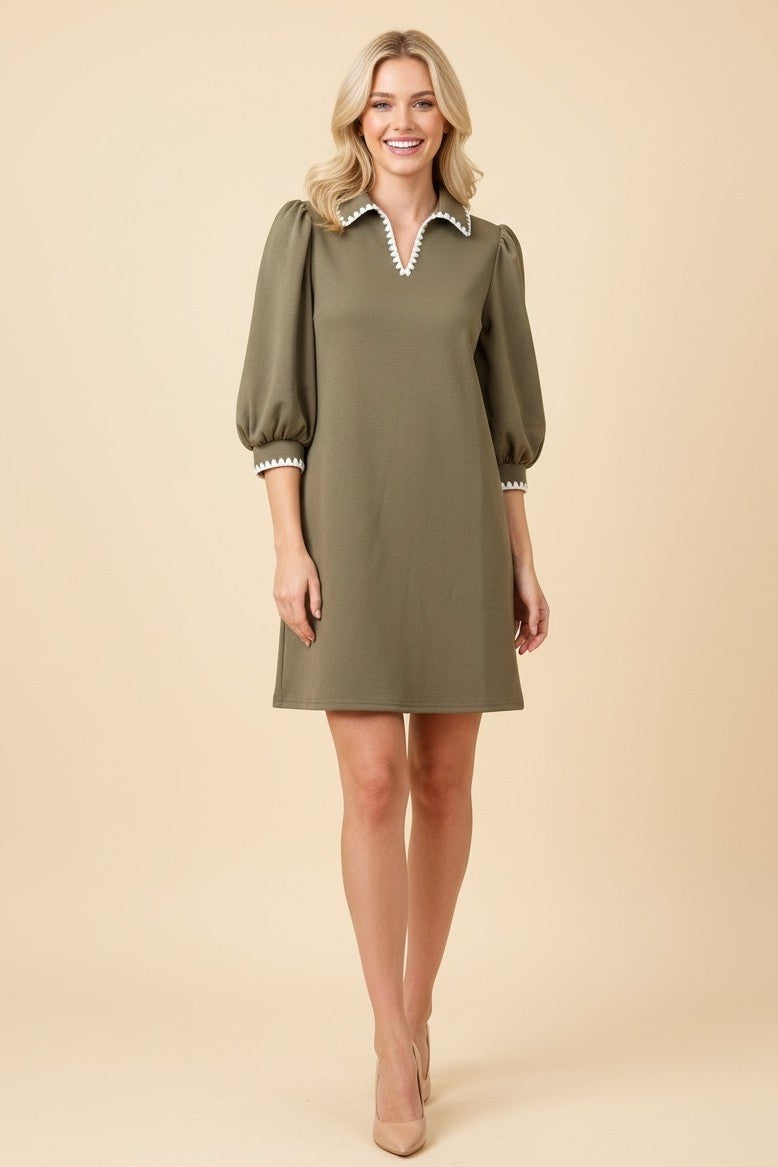 Solid Scallop Trim 3/4 Sleeve Johnny Collar Dress-Olive