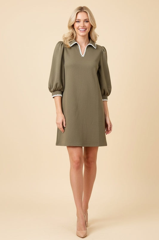 Solid Scallop Trim 3/4 Sleeve Johnny Collar Dress-Olive