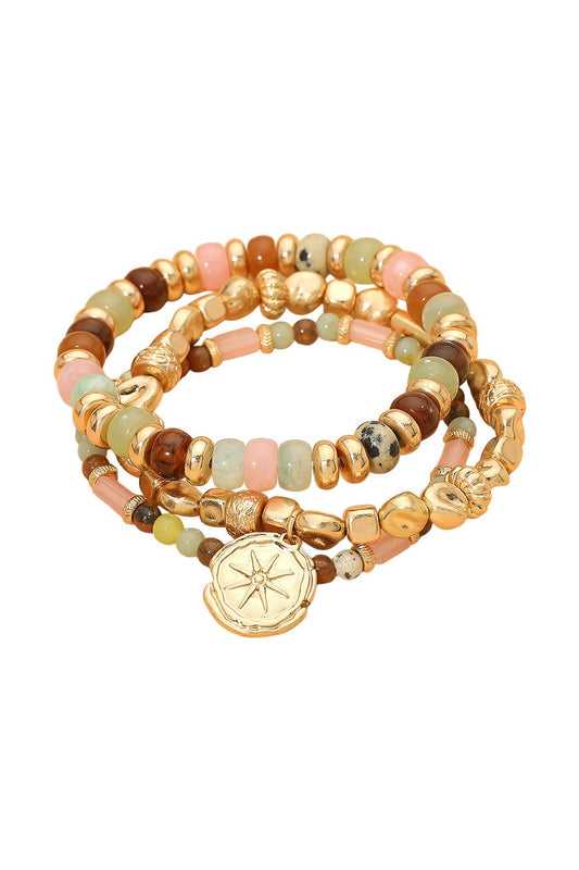 Stamped Star Disc Beaded Bracelet Set-Multi
