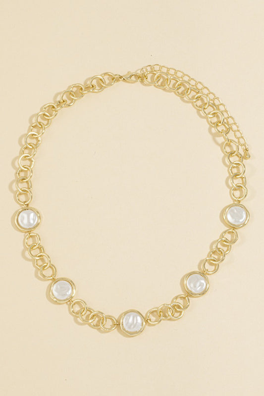 Round Pearl Disk & Round Chain Link Short Necklace