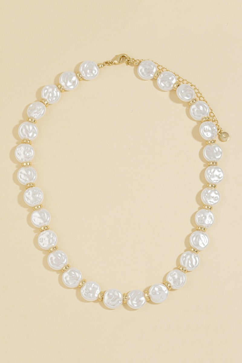 Flat Round Pearl & Gold Disc Necklace