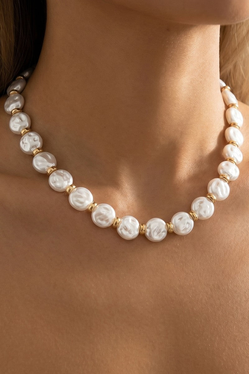 Flat Round Pearl & Gold Disc Necklace