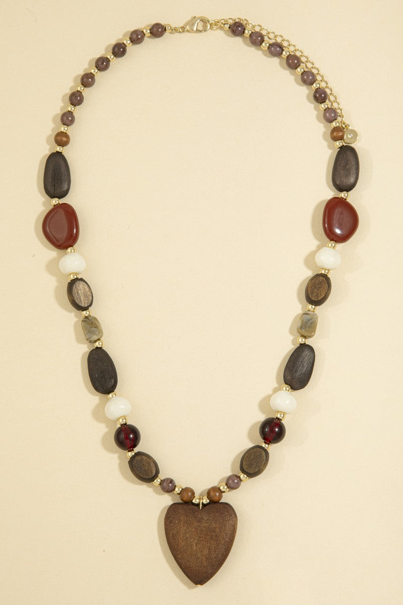 Wood Chunky Bead Heart Pendant Necklace